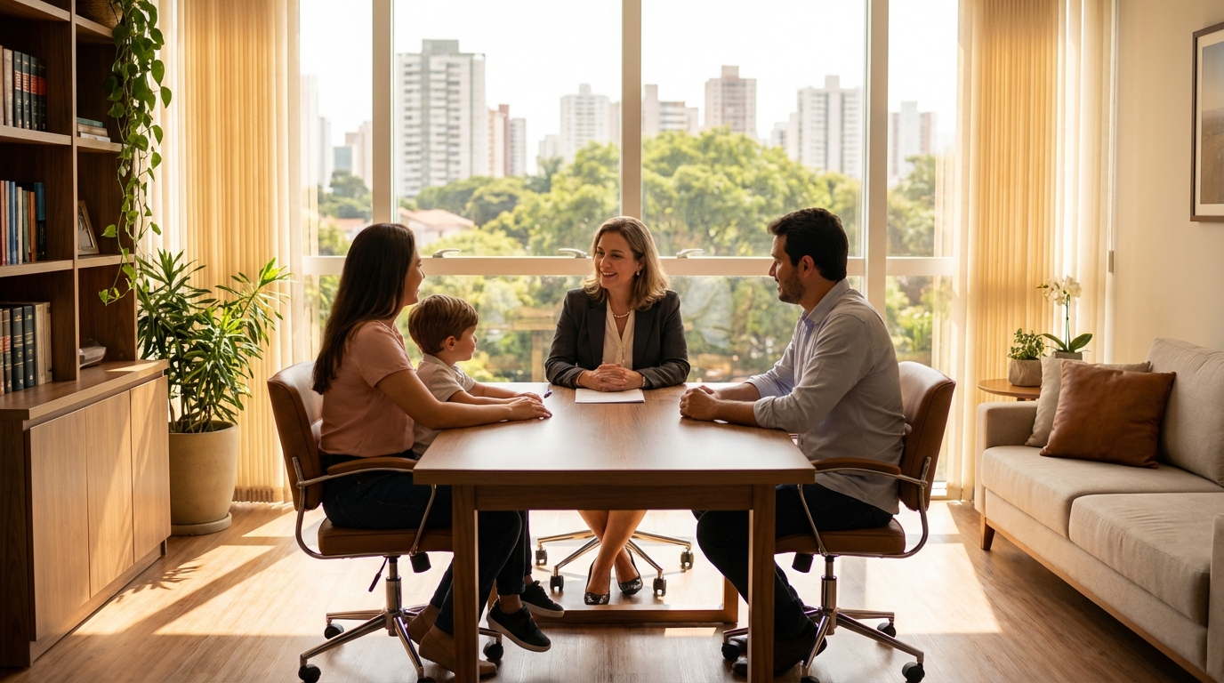 família em consulta jurídica com advogado de família em Goiânia, ambiente acolhedor