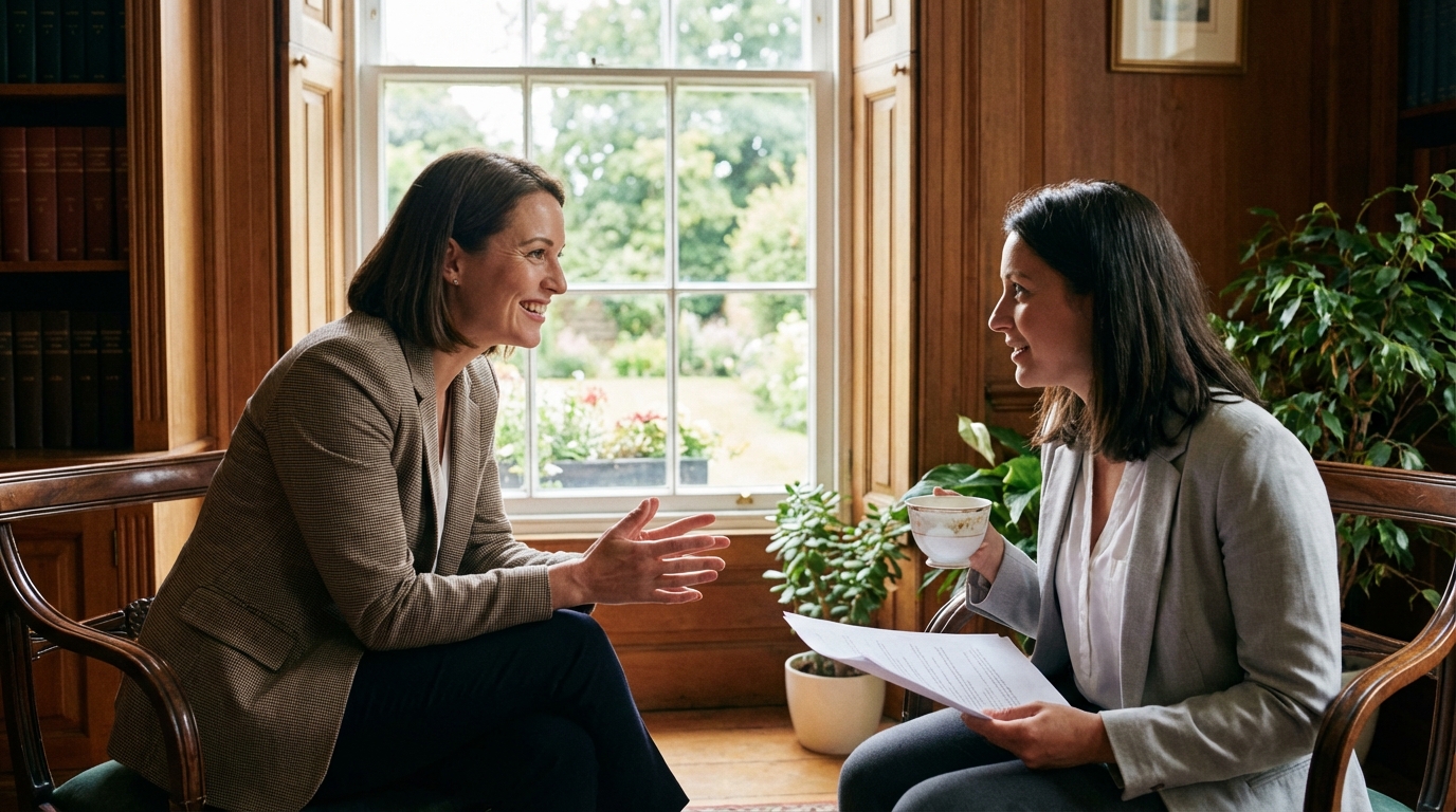 advogada conversando com cliente em atendimento particular e reservado, transmitindo confiança
